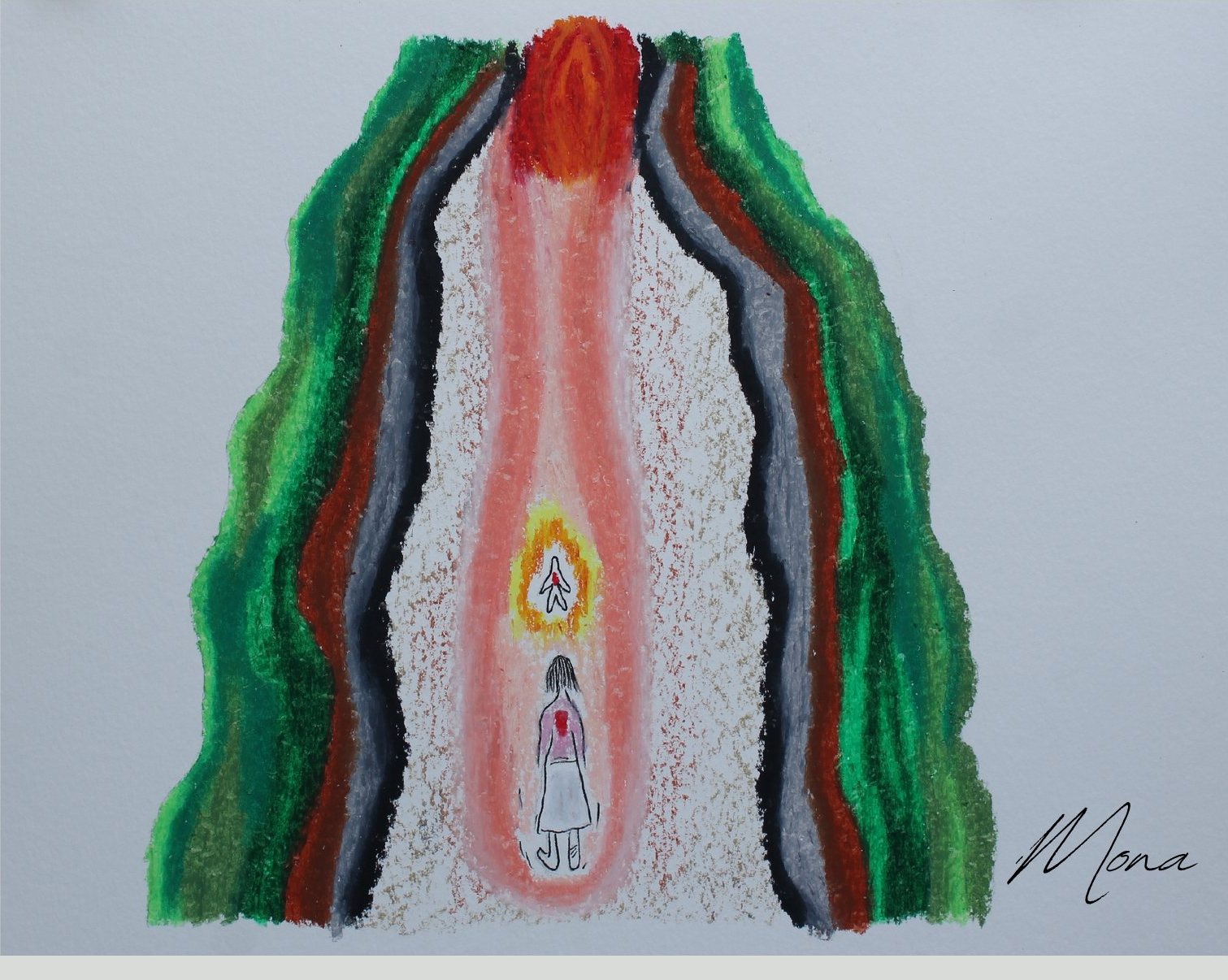 Pintura em pastel: uma menina caminha por um caminho de luz entre montanhas verdes, em direção a um sol vermelho