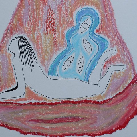 Detalhe de arte em pastel: mulher deitada, descansando num ninho vermelho
