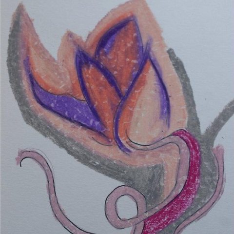 Detalhe de arte em pastel: uma flor que se abre em laranja e roxo